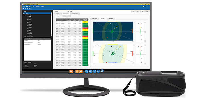 A large desktop computer showing X-Rite color analysis software Auto QC.