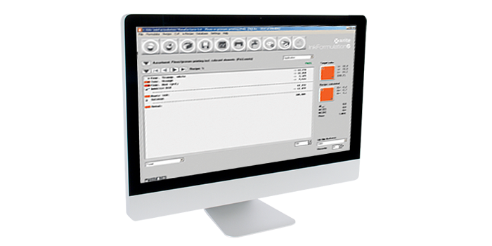 InkFormulation Software for Formulating Inks A large desktop computer showing X-Rite color analysis software Inkformulation.